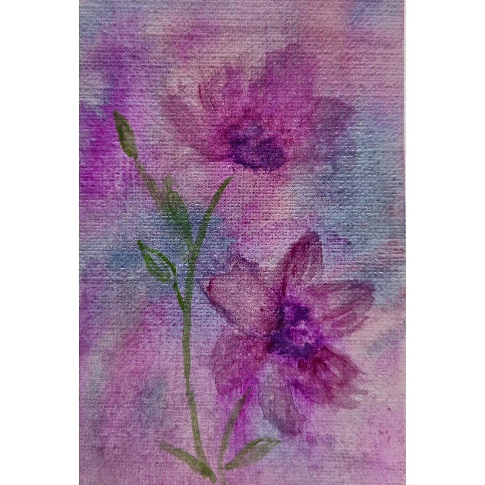 ACEO Abstract Floral Watercolor Painting Purple Pink Flowers Signed Original Art
